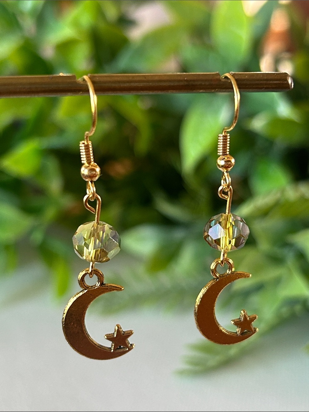 Gold Crescent Moon & Star Dangle Earrings with Iridescent Bead
